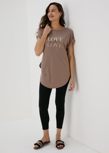 Beige Love Slogan T-Shirt