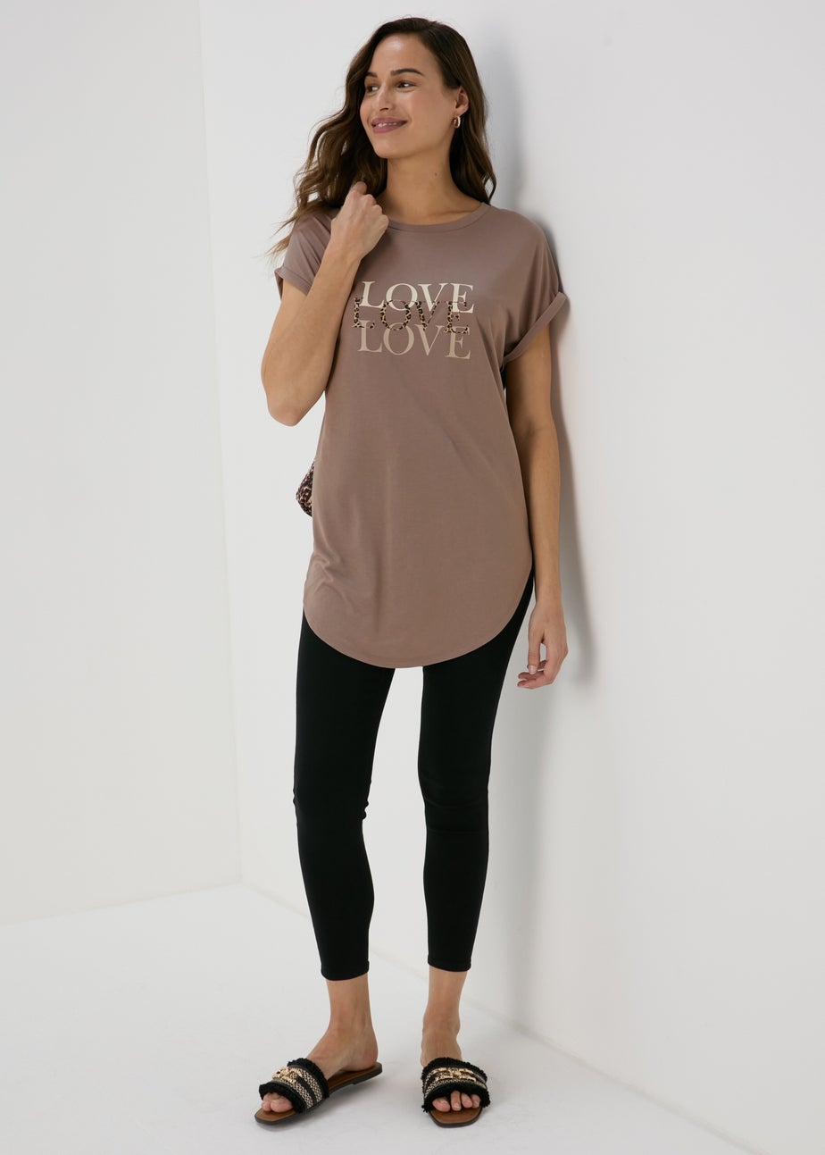 Beige Love Slogan T-Shirt