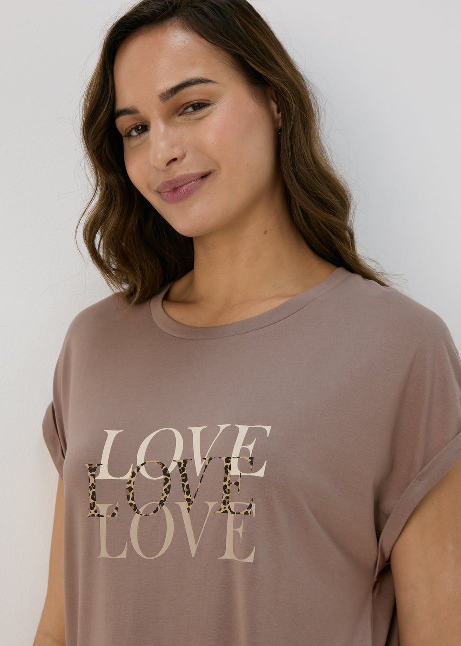 Beige Love Slogan T-Shirt