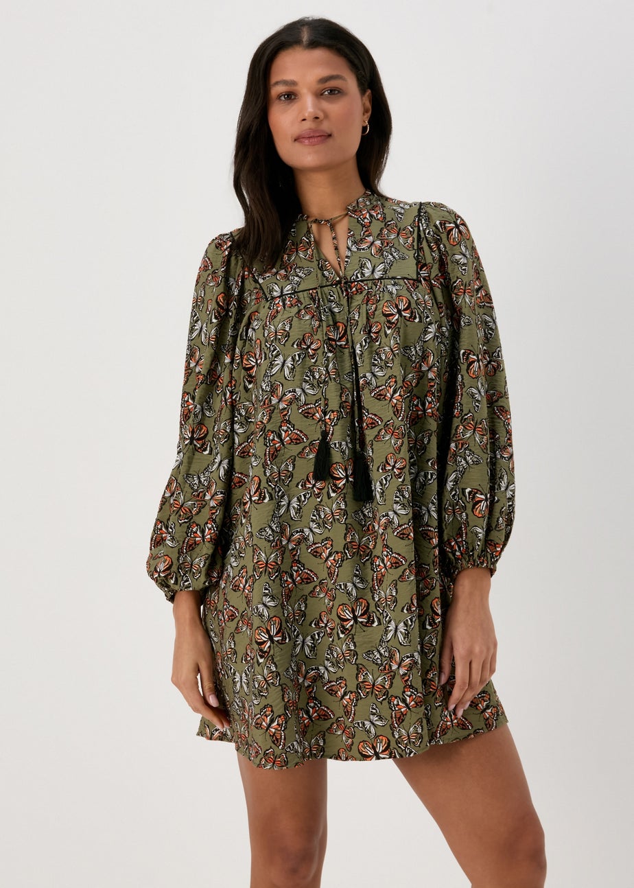 Papaya Khaki Butterfly Print Boho Airflow Mini Dress