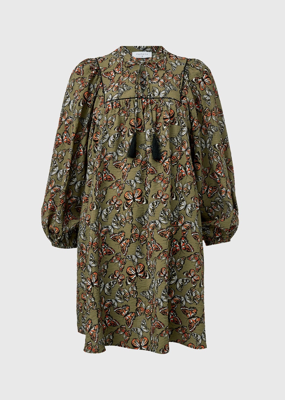 Papaya Khaki Butterfly Print Boho Airflow Mini Dress