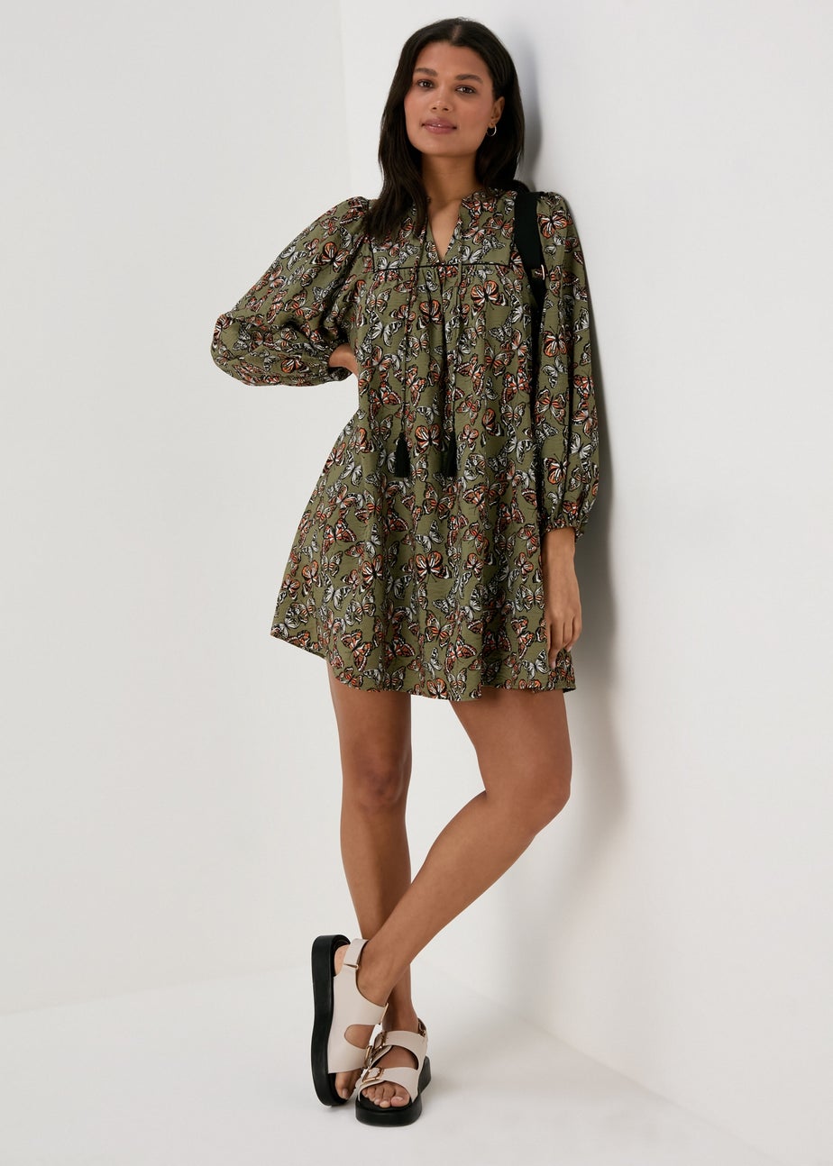 Papaya Khaki Butterfly Print Boho Airflow Mini Dress