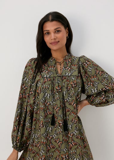 Papaya Khaki Butterfly Print Boho Airflow Mini Dress