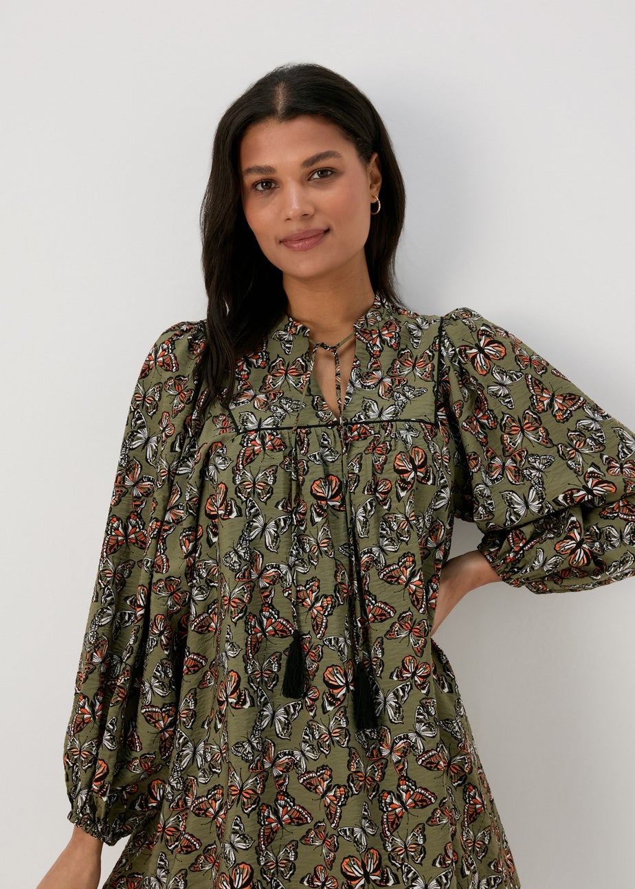 Papaya Khaki Butterfly Print Boho Airflow Mini Dress