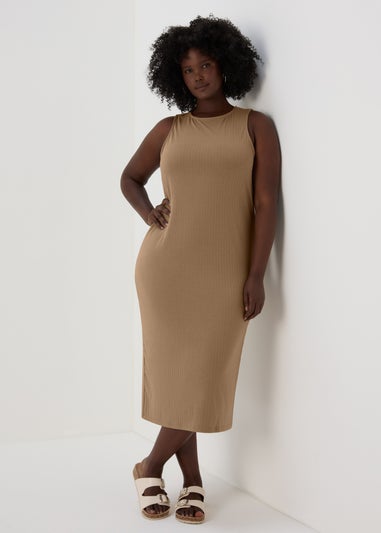 Taupe Racer Ribbed Midi Dress