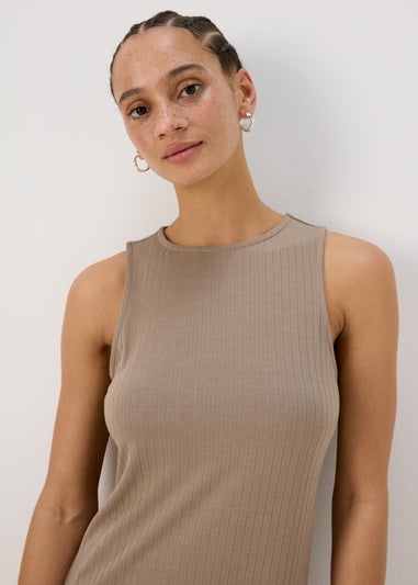 Taupe Racer Ribbed Midi Dress
