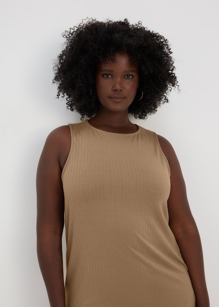Taupe Racer Ribbed Midi Dress