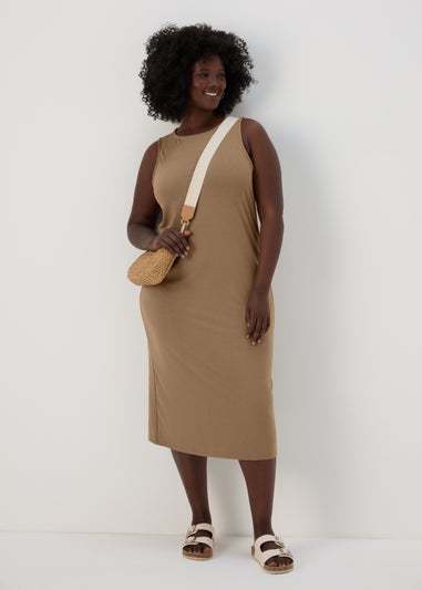 Taupe Racer Ribbed Midi Dress