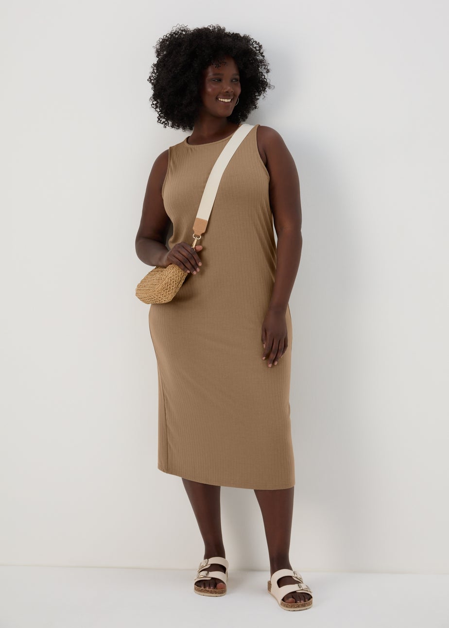 Taupe Racer Ribbed Midi Dress