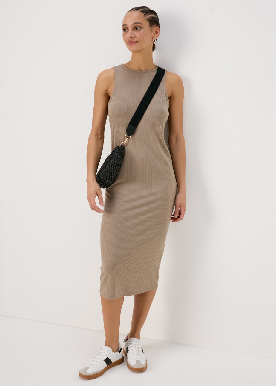 Taupe Racer Ribbed Midi Dress