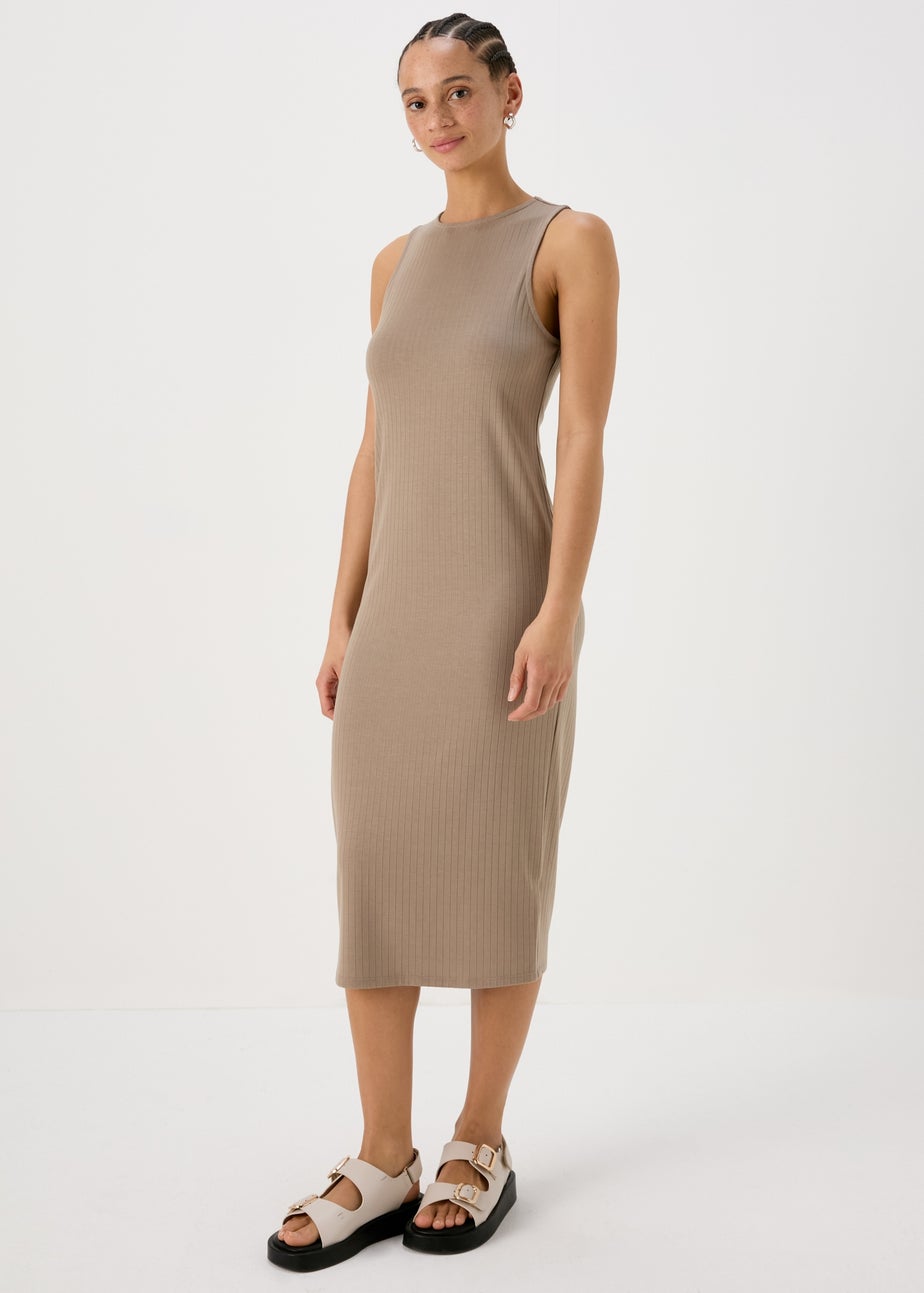 Taupe Racer Ribbed Midi Dress