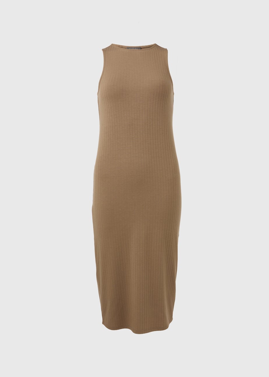 Taupe Racer Ribbed Midi Dress