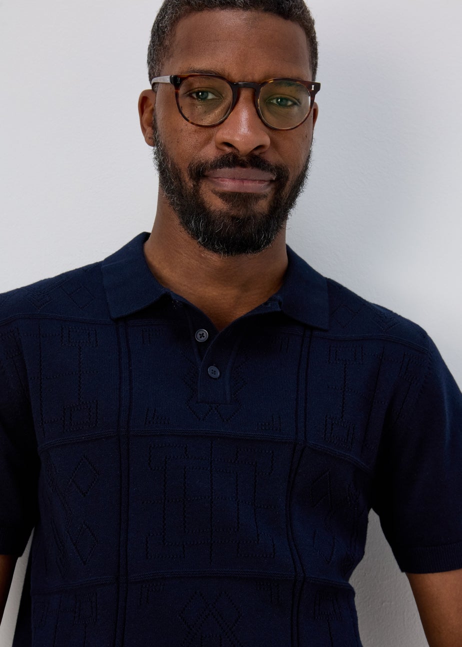 Navy Pointelle Smart Knitted Polo