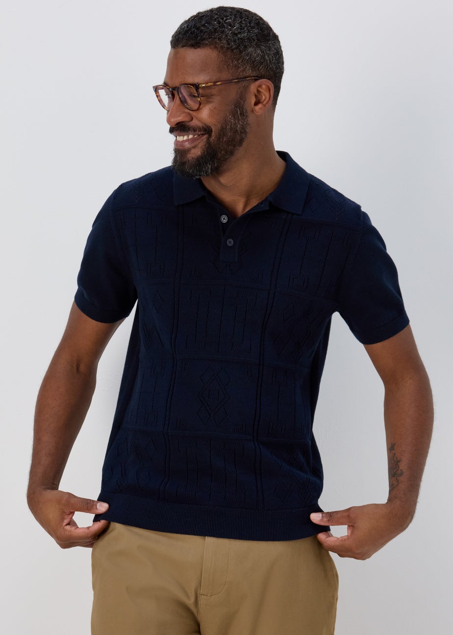 Navy Pointelle Smart Knitted Polo