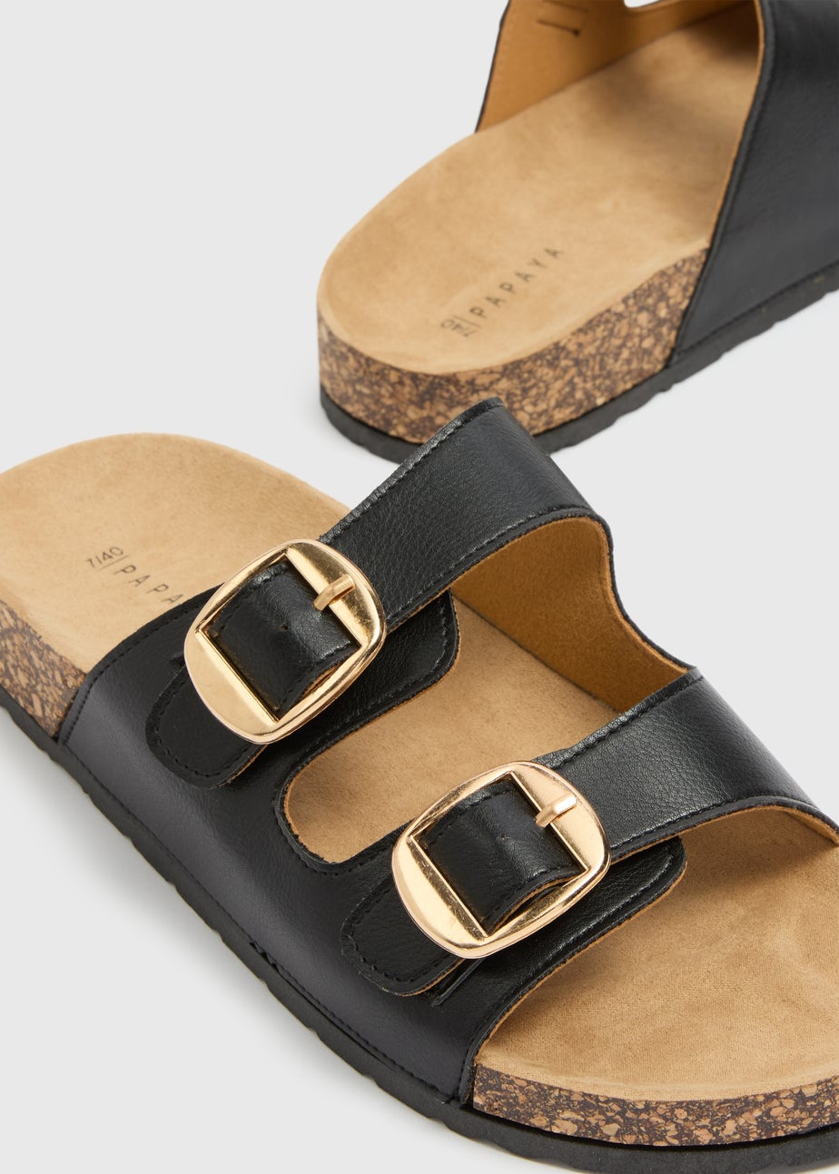 Black Double Buckle Footbed Sandals