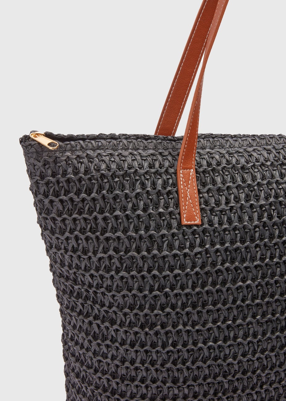 Black Straw Shopper Bag