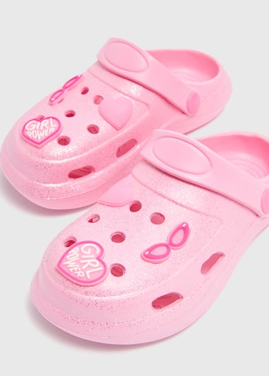 Girls Pink Glitter Badge Clogs (Younger 10- Older 5)