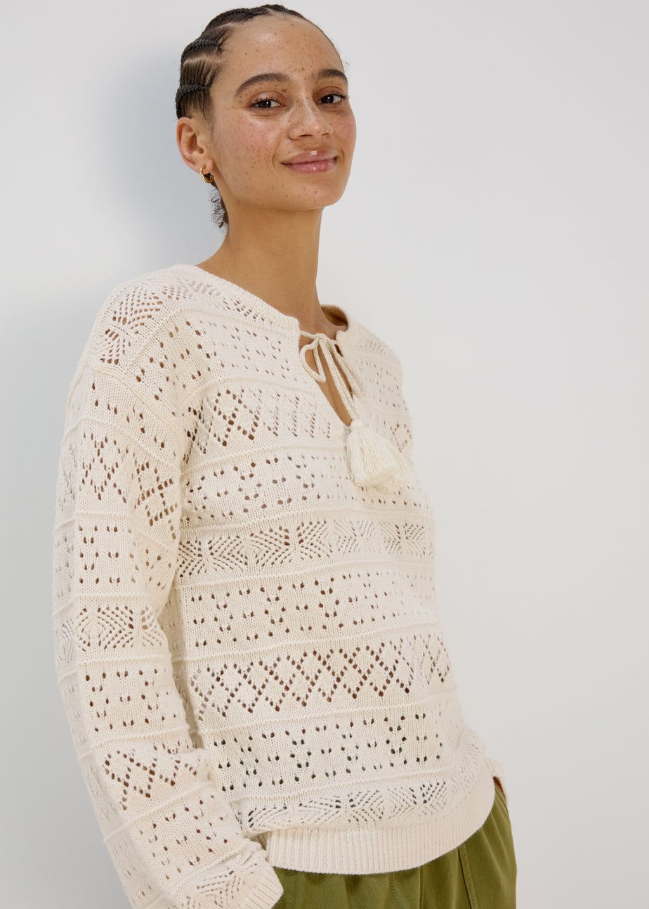 Cream Tie Front Stitch Jumper