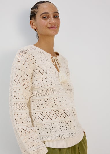 Cream Tie Front Stitch Jumper