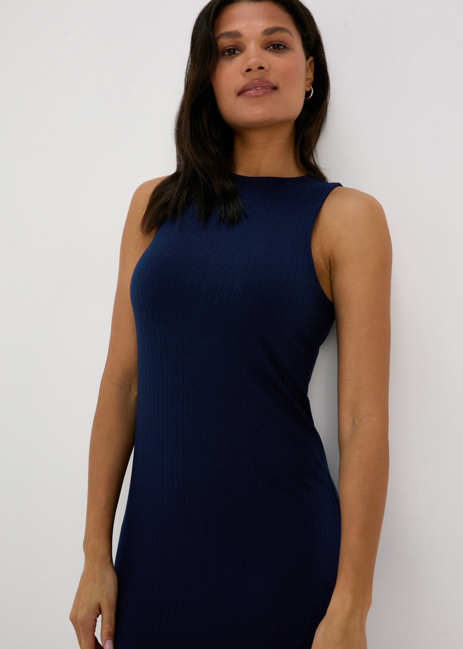 Navy Racer Ribbed Midi Dress