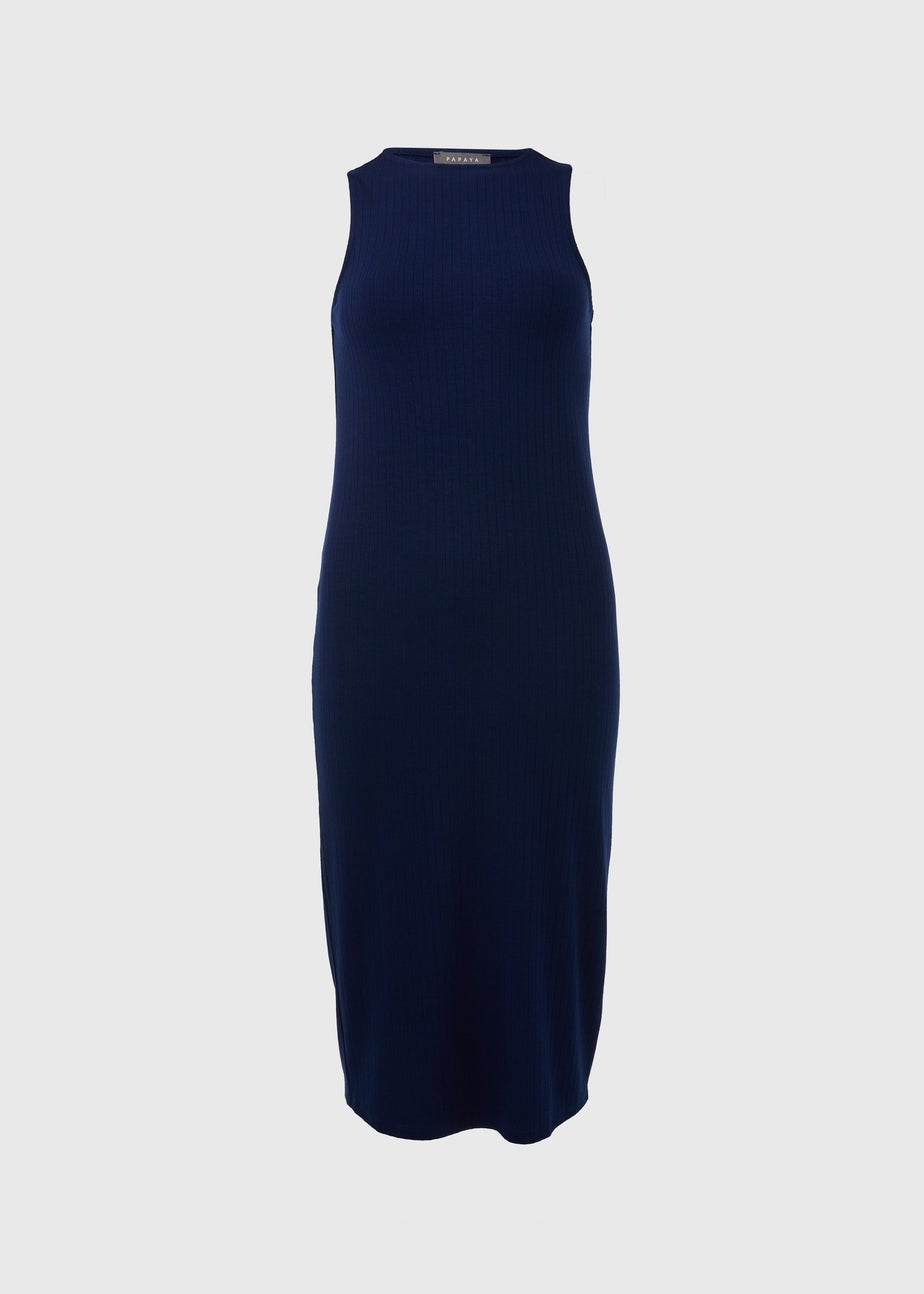 Navy Racer Ribbed Midi Dress