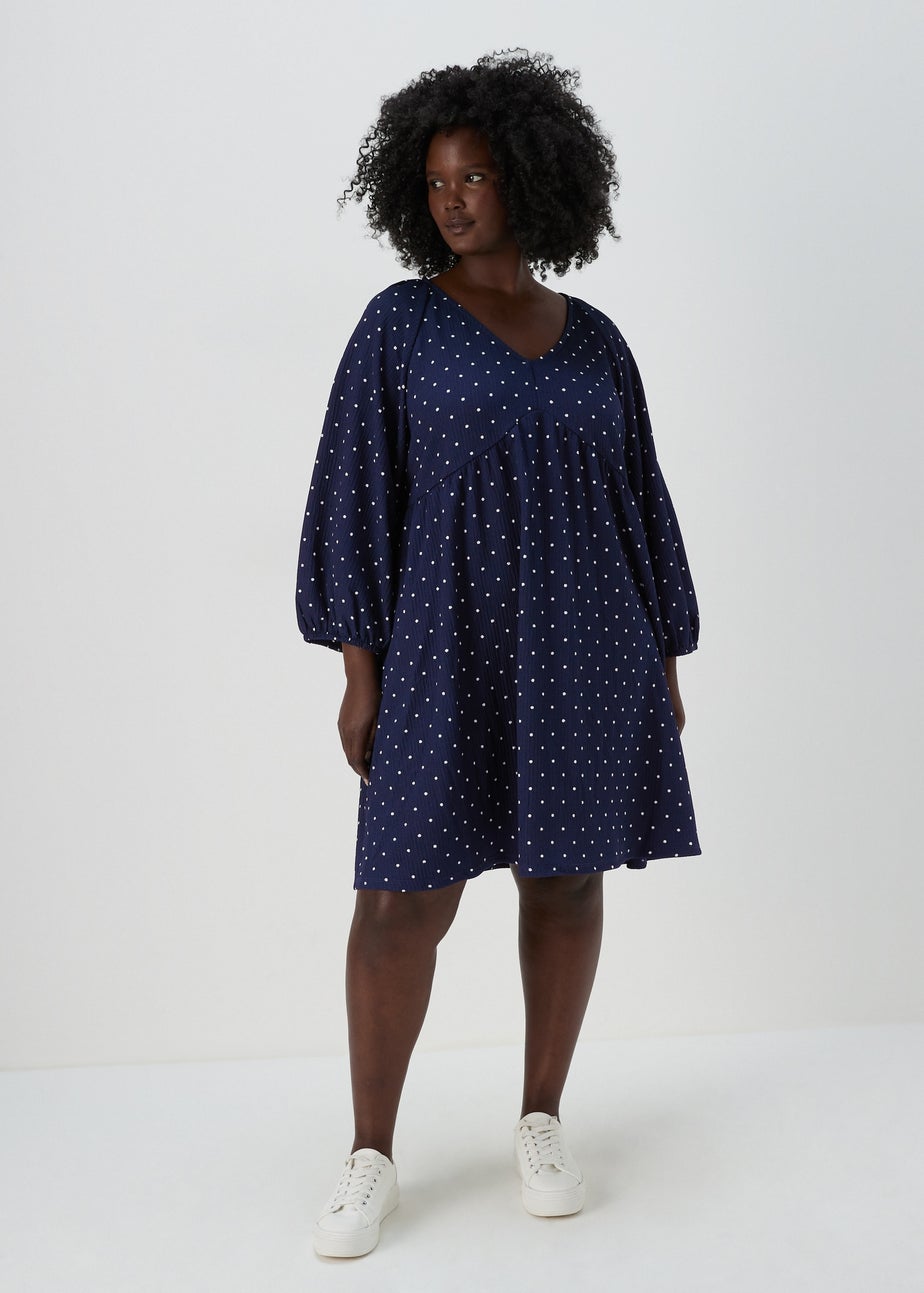Navy Spotted Crinkle Boho Mini Dress