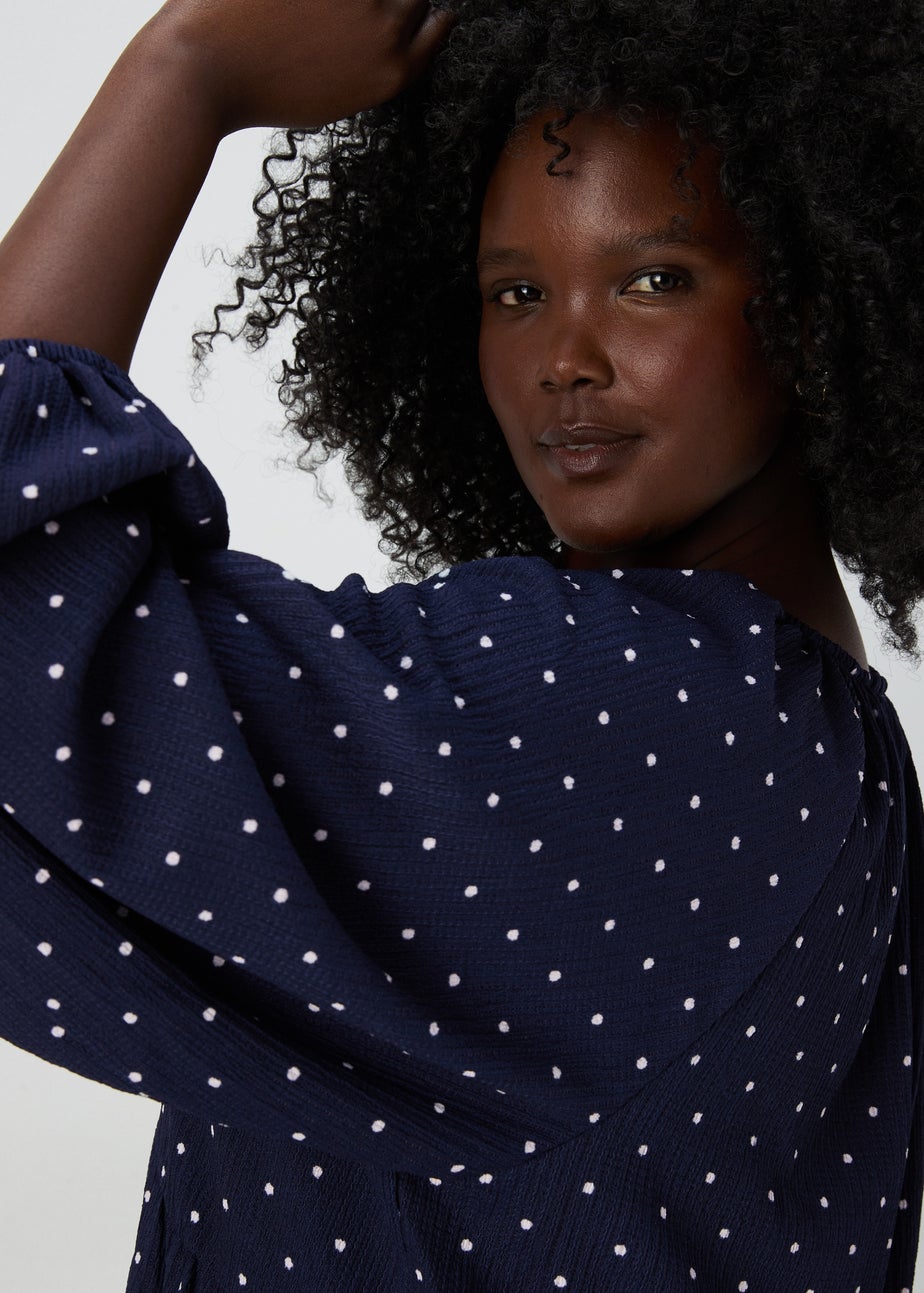 Navy Spotted Crinkle Boho Mini Dress