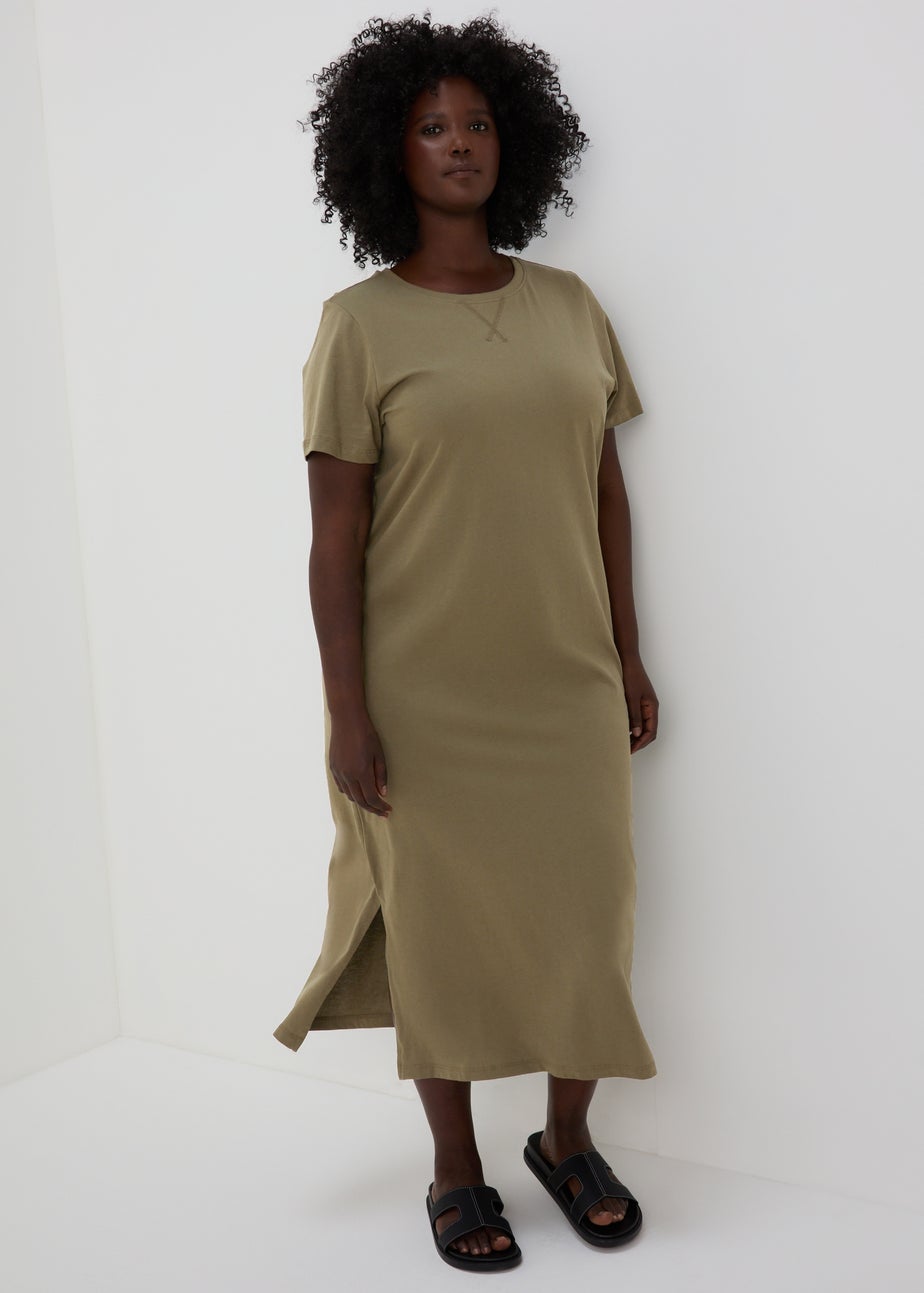 Khaki Jersey T-Shirt Midi Dress