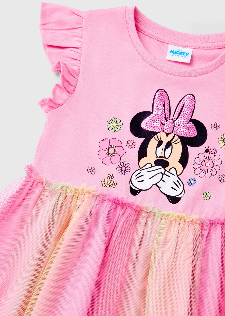 Disney Girls Pink Minnie Mouse Rainbow Mesh Dress (9mths-7yrs)