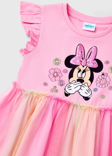 Disney Girls Pink Minnie Mouse Rainbow Mesh Dress (9mths-7yrs)