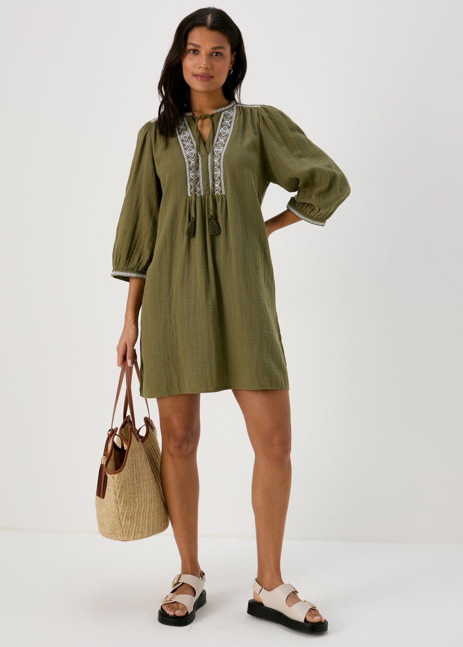 Khaki Embroidered Tunic Dress