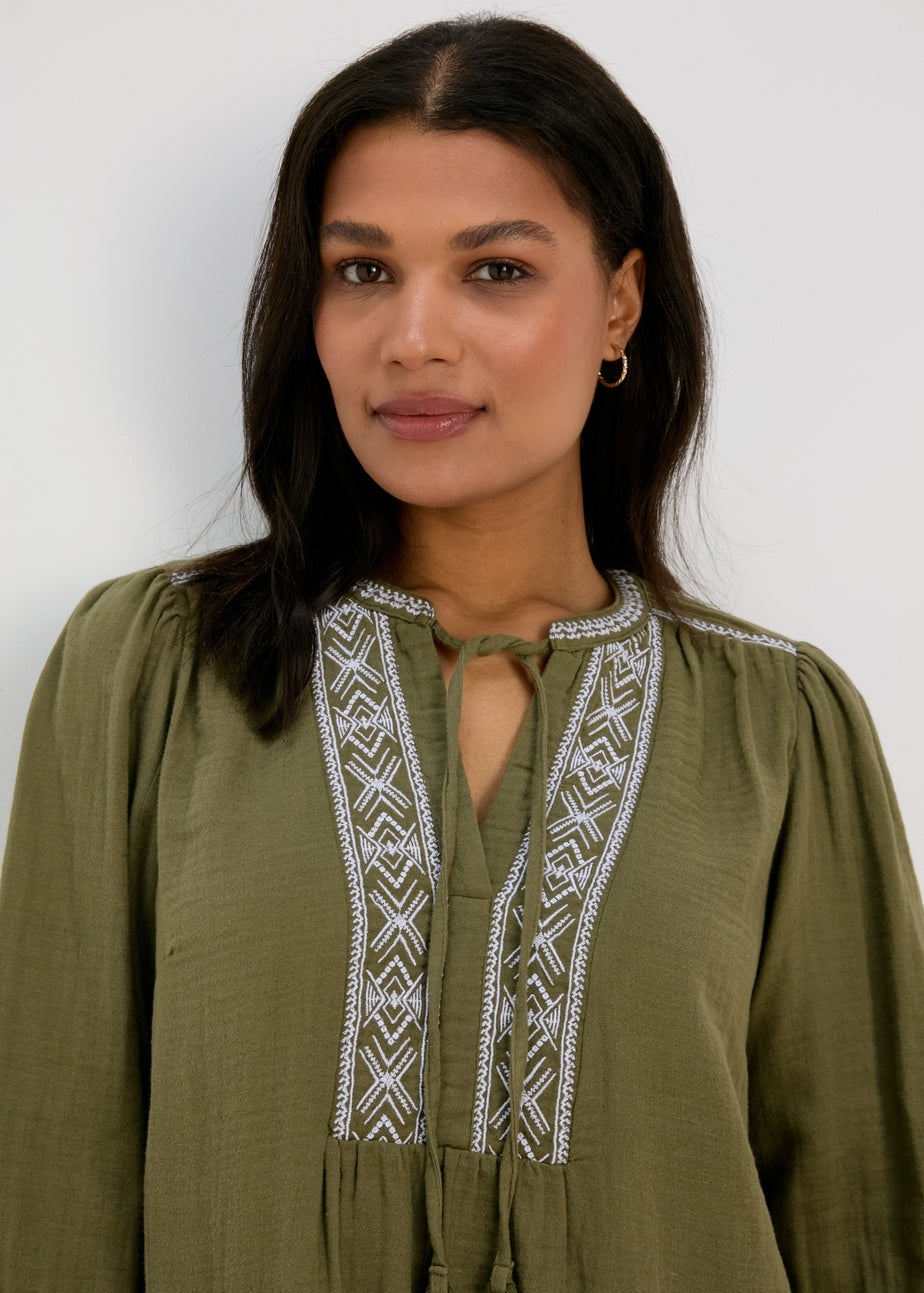 Khaki Embroidered Tunic Dress
