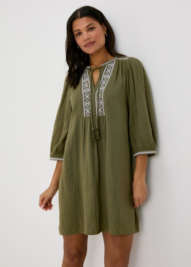 Khaki Embroidered Tunic Dress