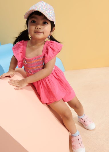 Girls Pink Embroidered Wild Flower Skirt & Shorts Set (1-7yrs)