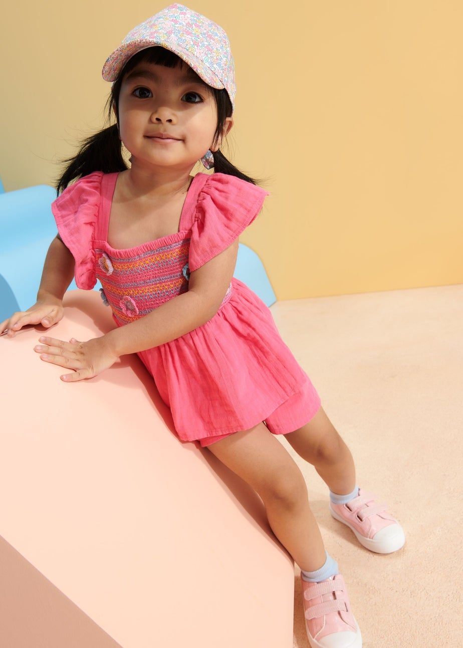 Girls Pink Embroidered Wild Flower Skirt & Shorts Set (1-7yrs)