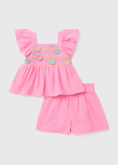 Girls Pink Embroidered Wild Flower Skirt & Shorts Set (1-7yrs)