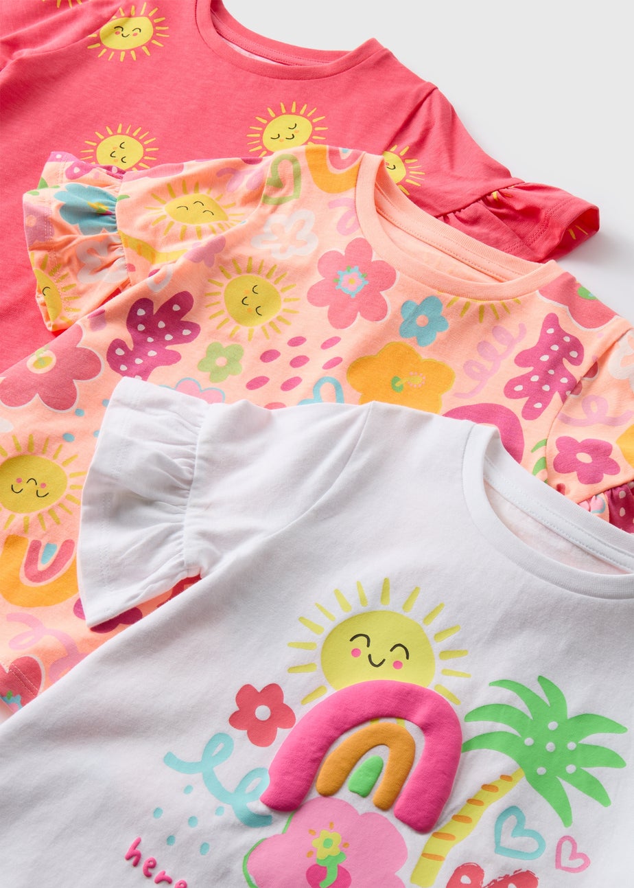 Girls 3 Pack Pink Summer Print T-Shirts (1-7yrs)