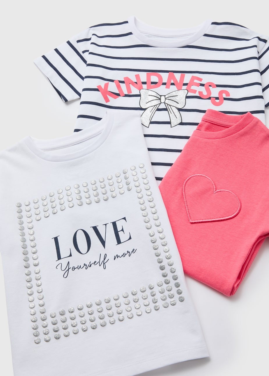 Girls 3 Pack Multicolour Stripe Sassy Print T-Shirts (1-7yrs)