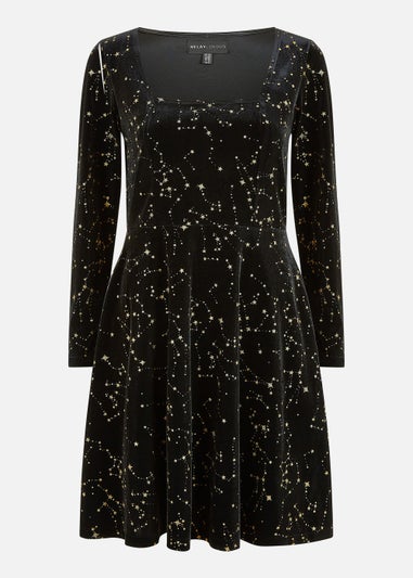 Mela Star Foil Print Long Sleeve Skater Dress In Black