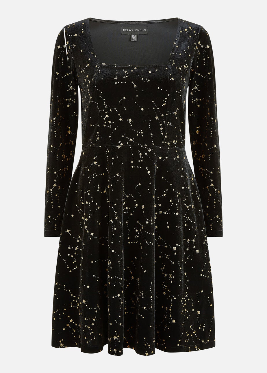Mela Star Foil Print Long Sleeve Skater Dress In Black