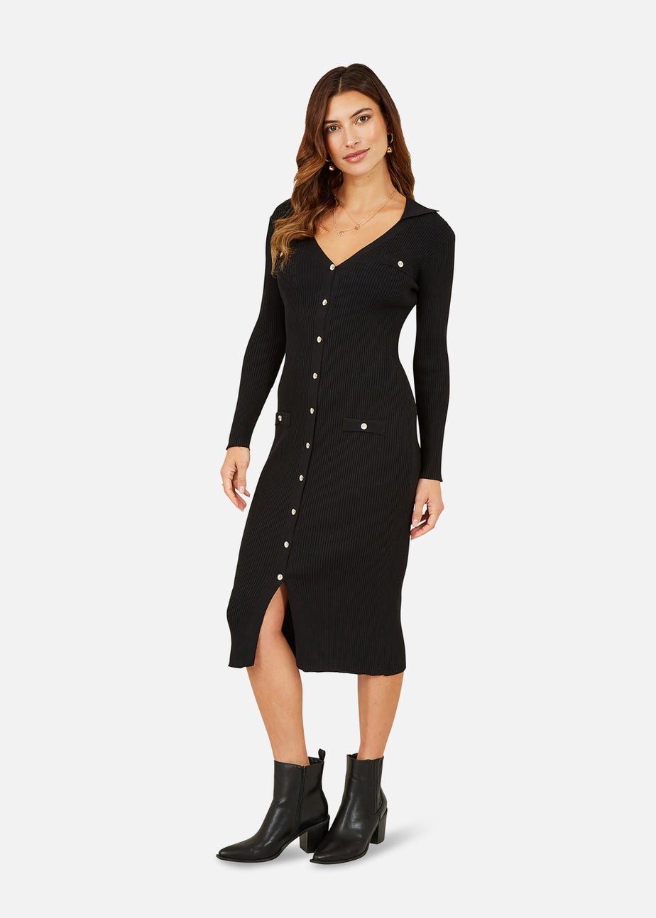 Mela Knitted Fitted Midi Dress With Buttons In Black Matalan