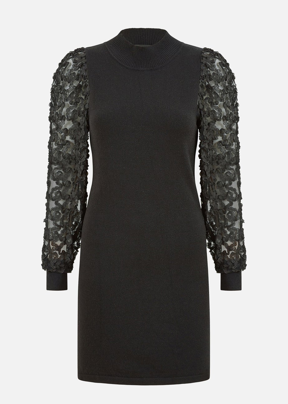 Mela Fitted Knitted Dress With Mesh Sleeve In Black