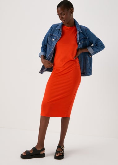 Orange Racer Ribbed Midi Dress