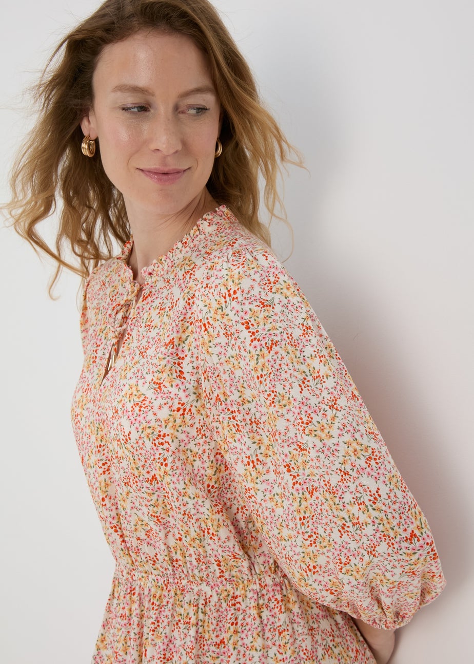 Multicolour Floral 3/4 Sleeve Dobby Mini Dress