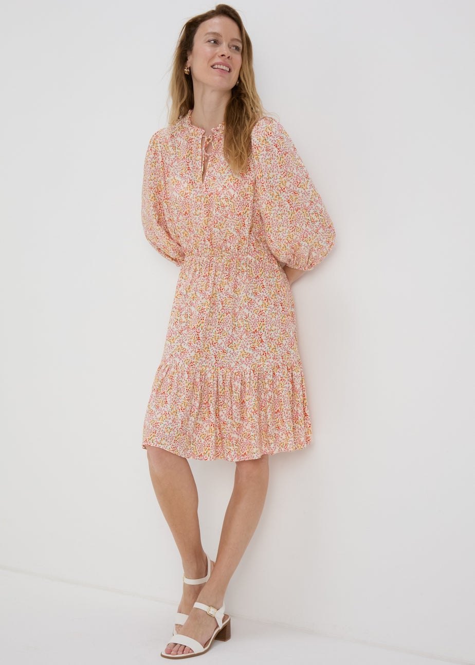 Multicolour Floral 3/4 Sleeve Dobby Mini Dress