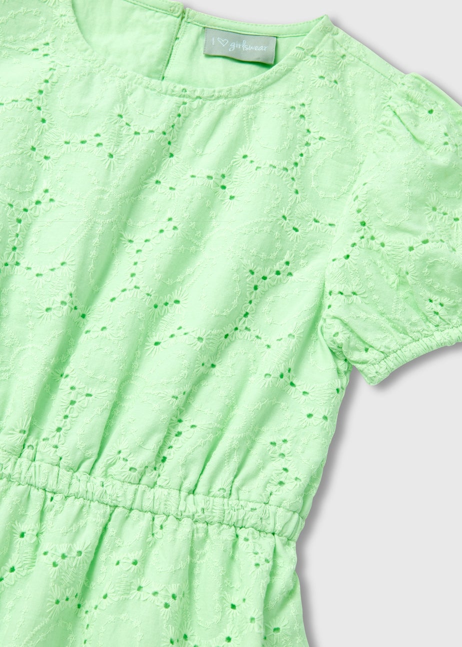 Girls Green Puff Sleeve Schiffli Dress (7-13yrs)