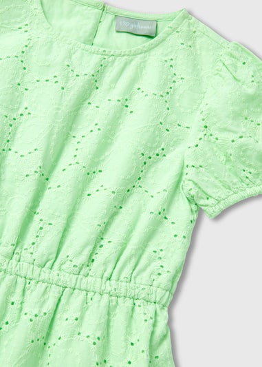 Girls Green Puff Sleeve Schiffli Dress (7-13yrs)