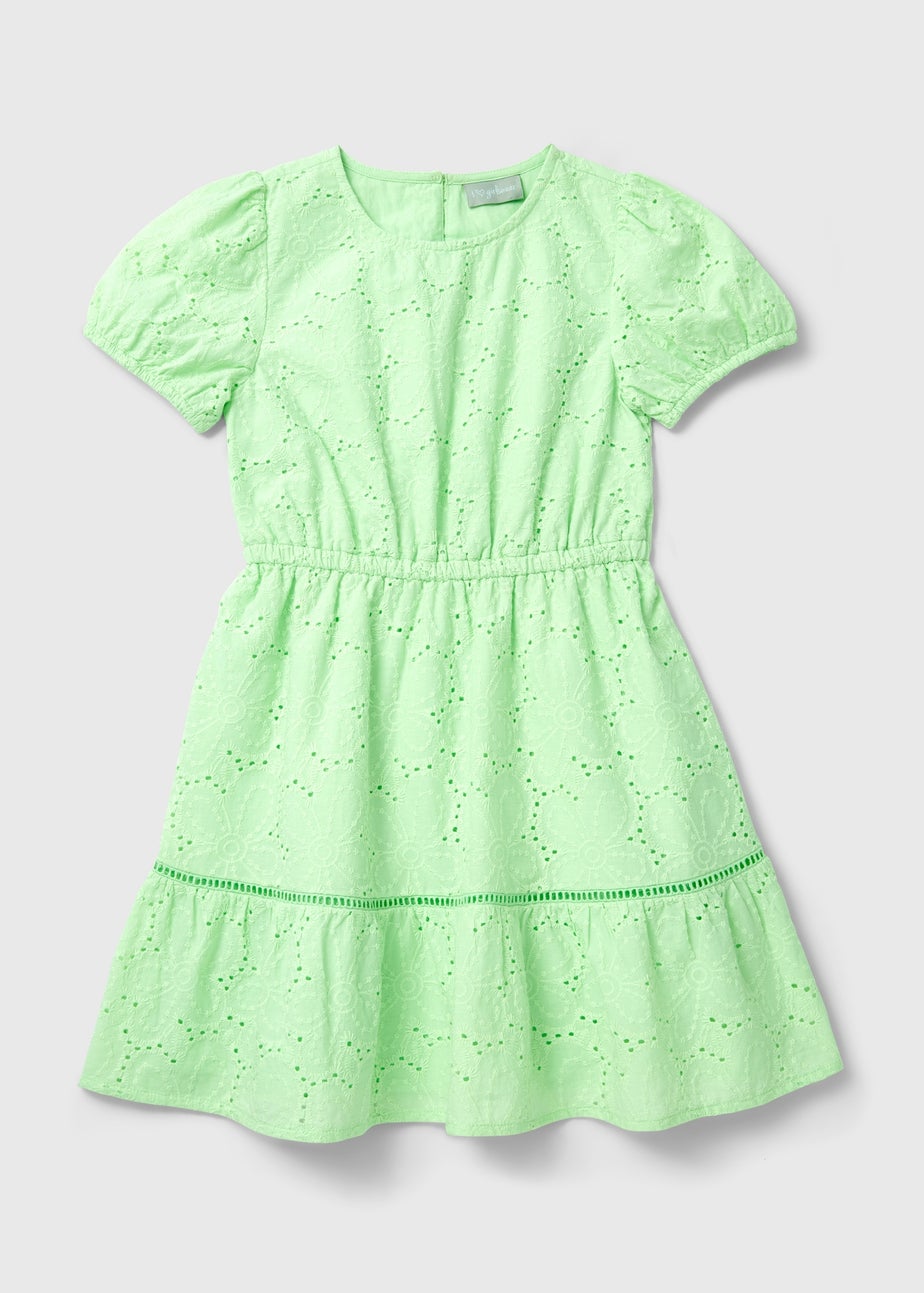 Girls Green Puff Sleeve Schiffli Dress (7-13yrs)