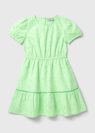 Girls Green Puff Sleeve Schiffli Dress (7-13yrs)