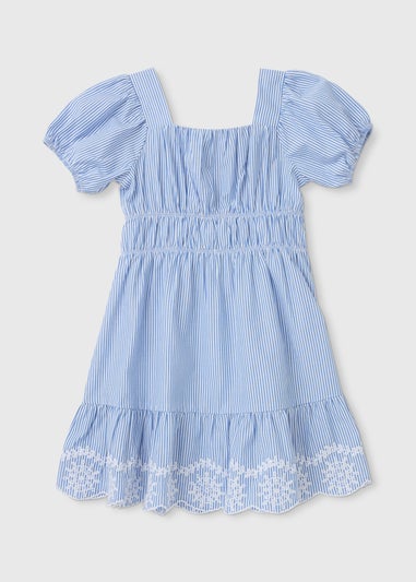 Girls Blue Stripe Embroidered Dress (7-13)